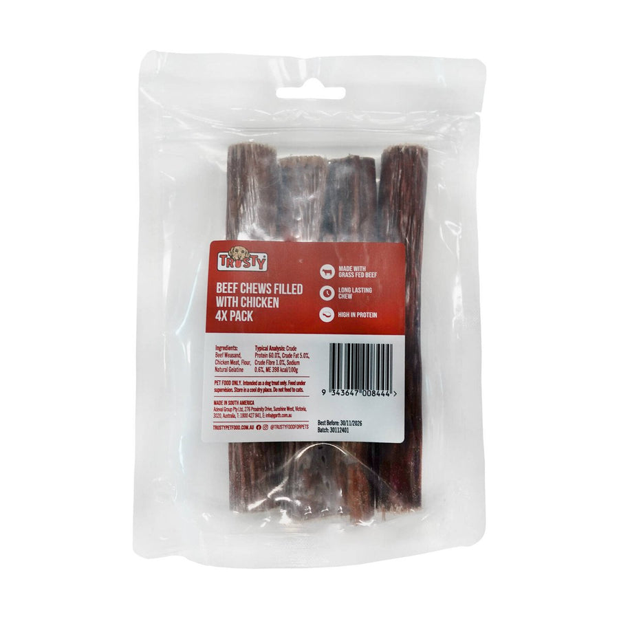 Trusty Beef Chews Filled with Chicken Dog Treats 4 Pack - 50mm x 200mm x 140mm - High Protein - Long Lasting Chew - SuperSaverAU - view 1