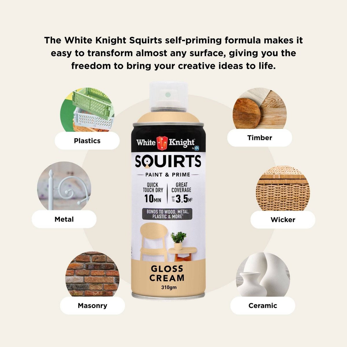 White Knight Squirts Cream Gloss Spray Paint 310g Quick-Dry Durable - SuperSaverAU - view 5
