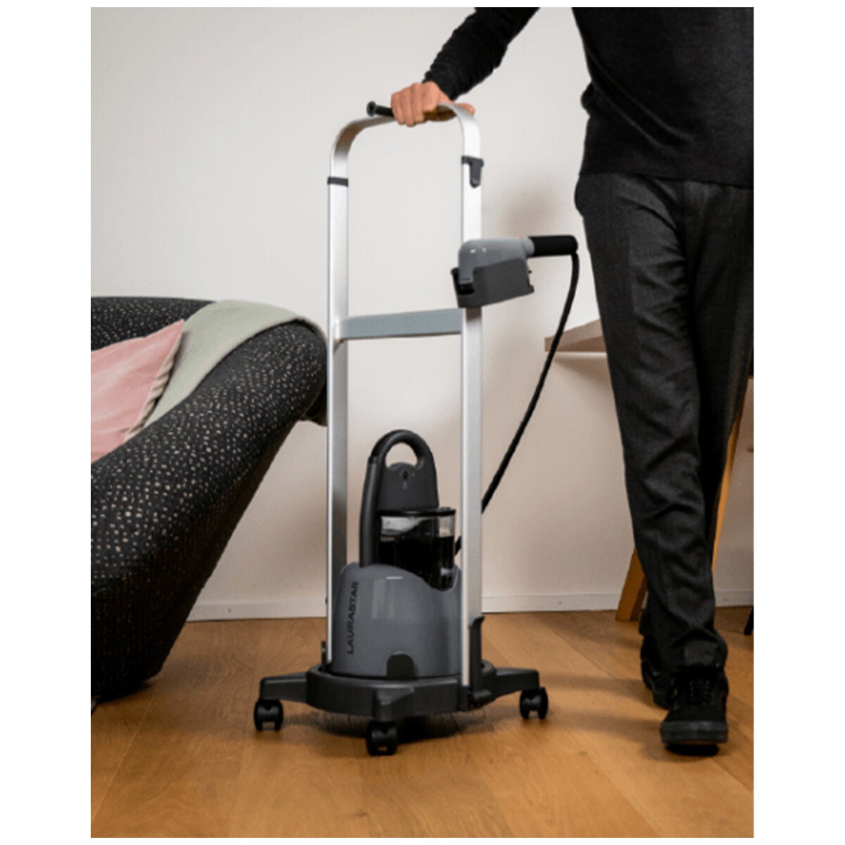 Laurastar IZZI Steam Cart - Foldable Stand, Adjustable Height, Garment Hook, Black - 1570045898