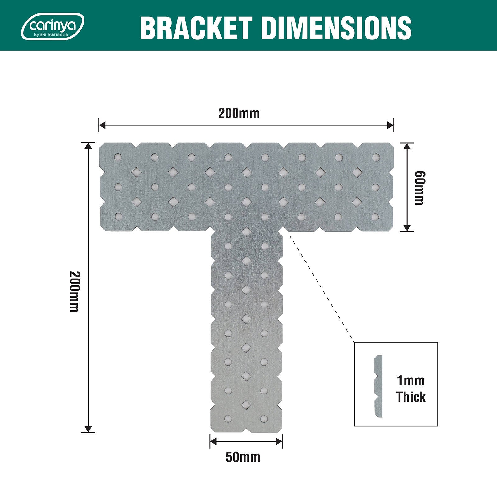 Carinya 200 x 200 x 60 x 50 x 1mm Galvanised Steel T-Shape Make-A-Bracket