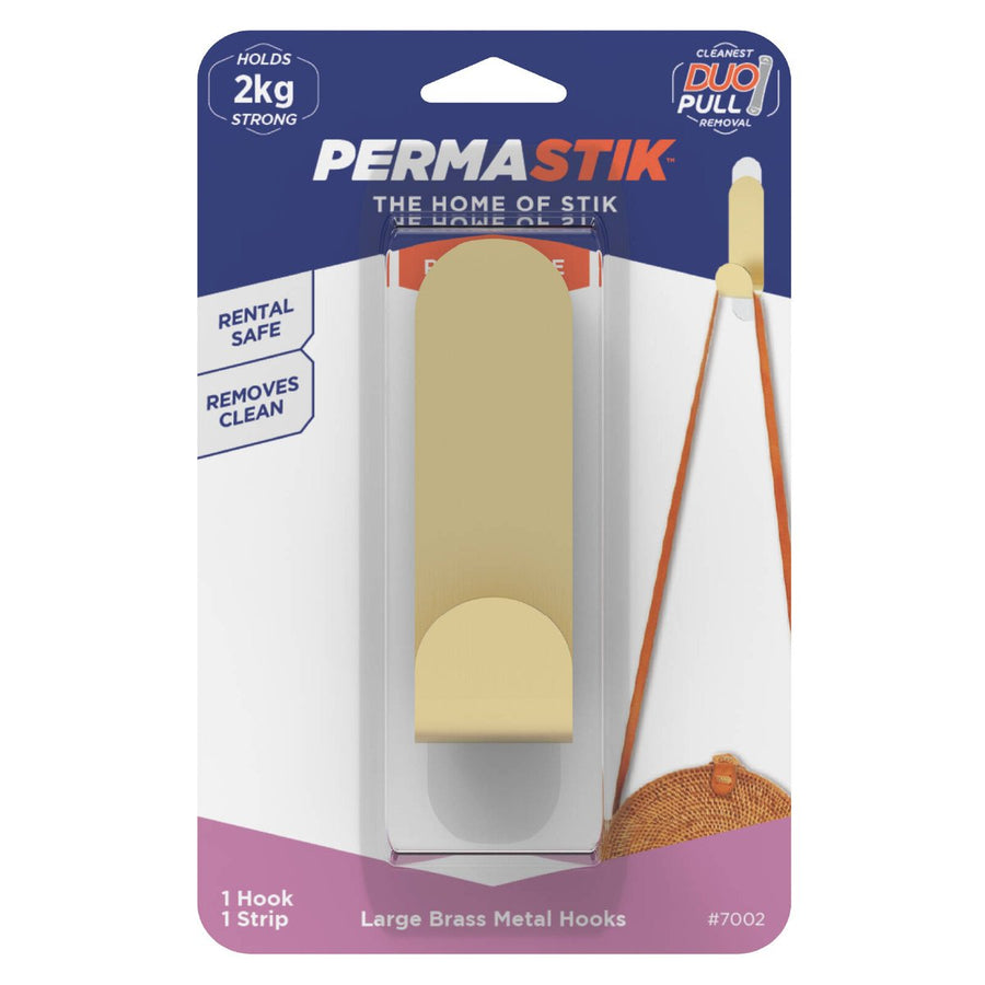 Permastik Large Brass Metal Hook - 1 Pack - Holds 2kg - Easy Application - SuperSaverAU - view 1