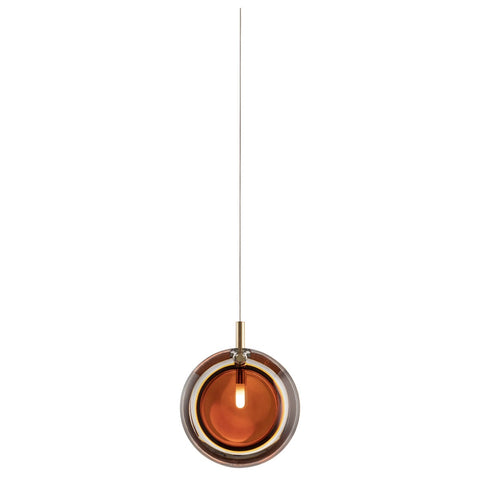 Bomma Lens Single Pendant Light - Amber Hand-Painted Pressed Glass - Brushed Gold Fitting - 8595610921934