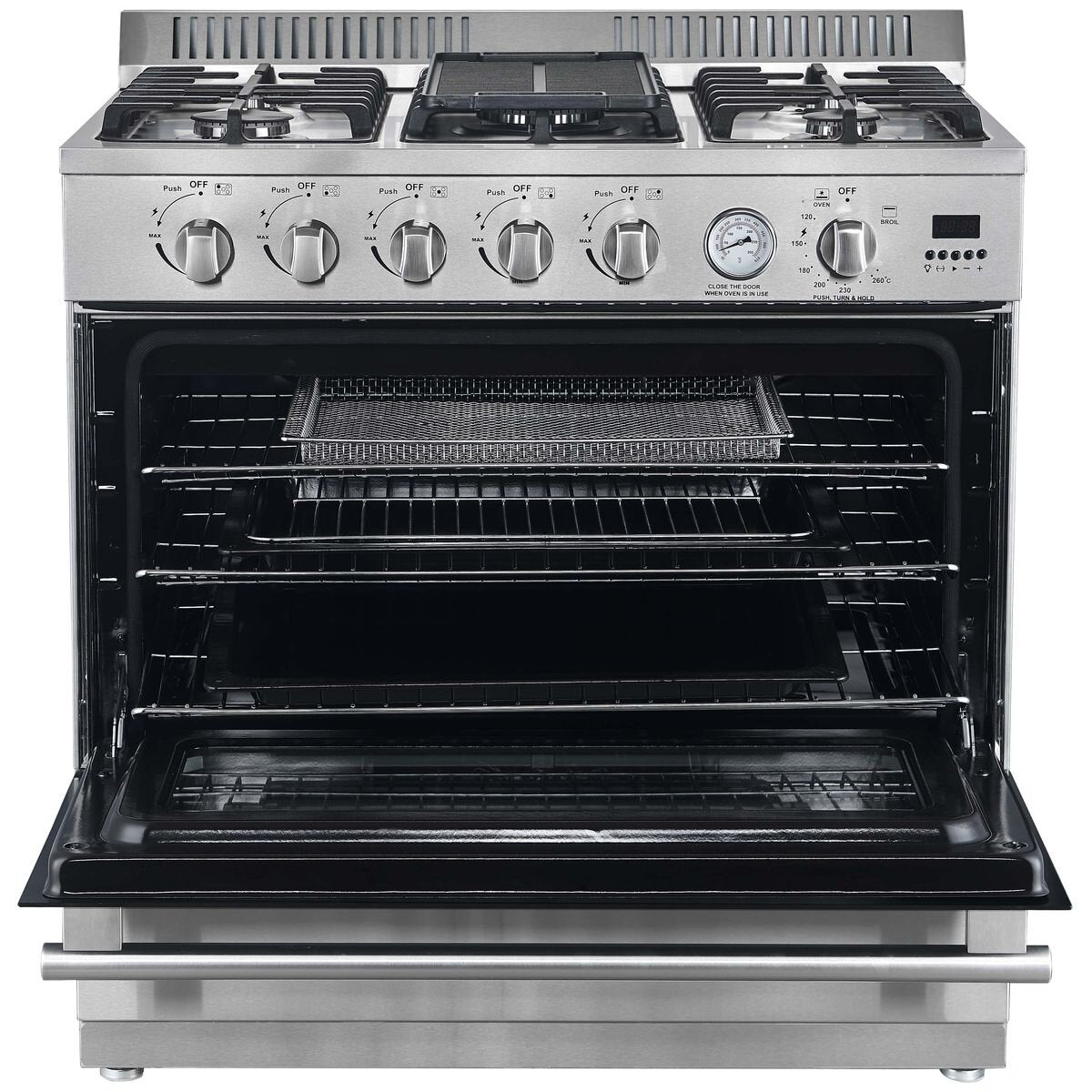 Trinity 90cm LP Gas Freestanding Oven 132L - Stainless Steel, Air Fry, Rotisserie, Wok Burner - TRFSGO901LPG