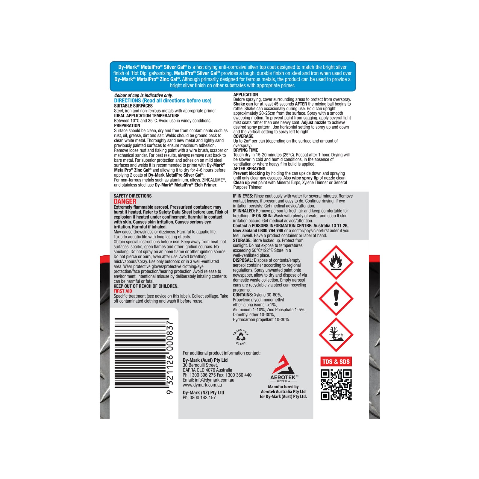 Dy-Mark MetalPro Silver Gal Spray Paint 350g Fast-Dry Galvanised Finish Outdoor