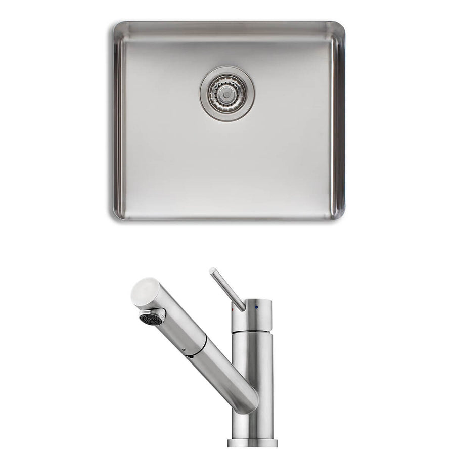 Oliveri Sonetto single bowl sink and Essente pull out tap - undermount, brushed stainless - SS31615SN1050U