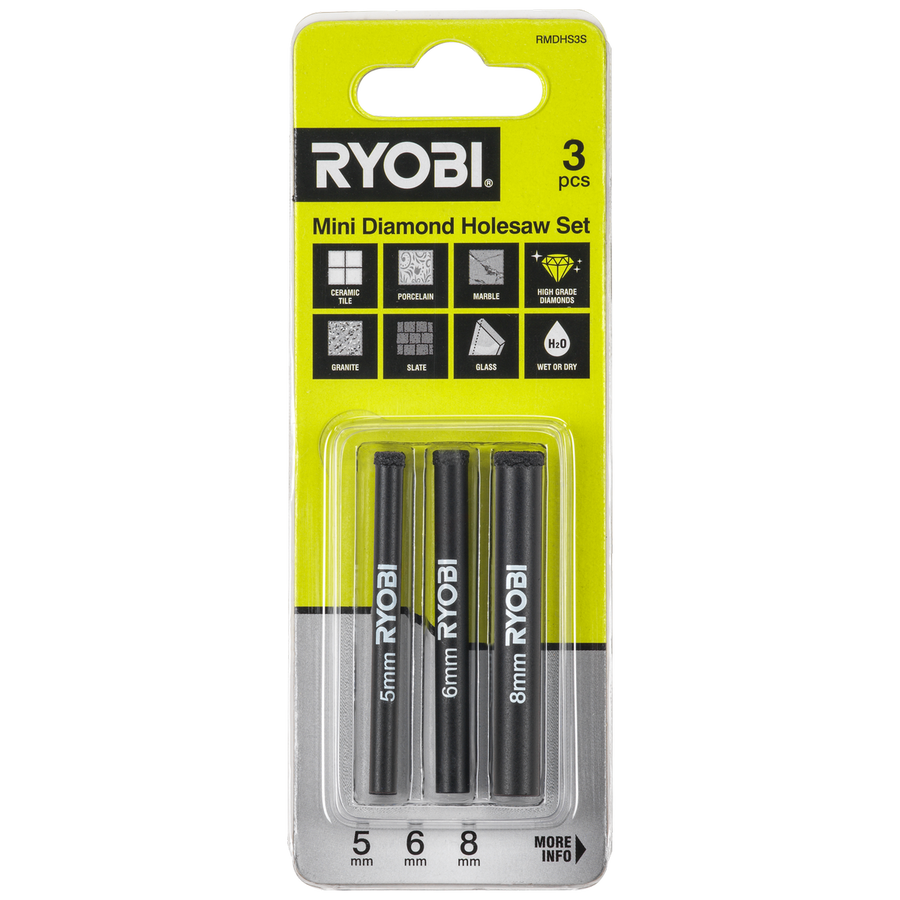 Ryobi 3 Piece Mini Diamond Holesaw Set - 5mm, 6mm, 8mm - Durable for Tile, Glass - SuperSaverAU - view 1