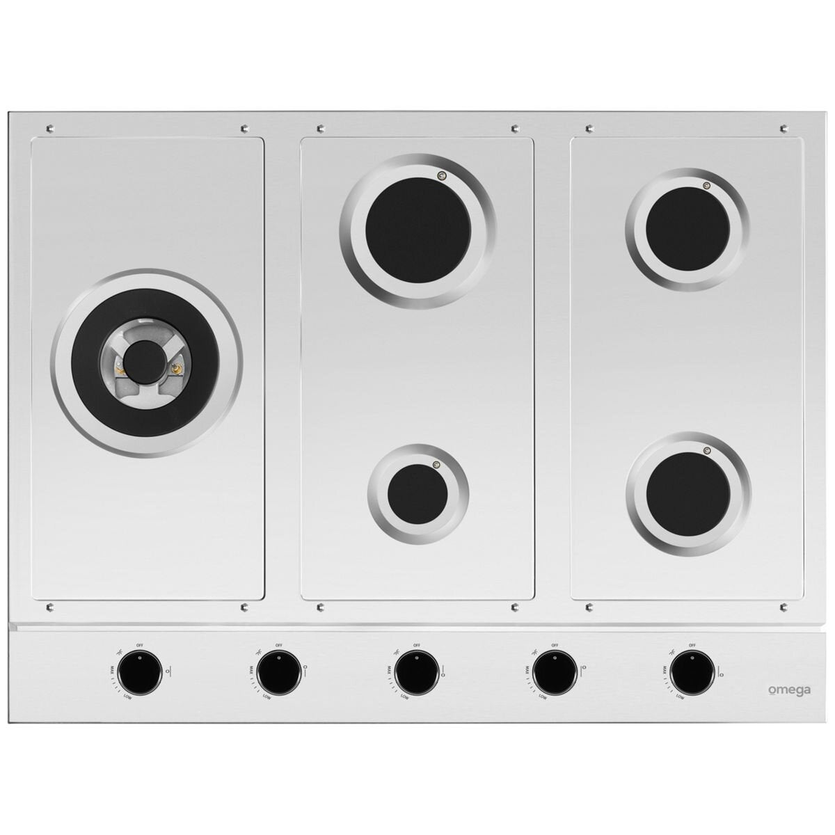 Omega 70cm Natural Gas Cooktop - Stainless Steel, Five Burners, 20MJ Triple Ring Wok Burner - OCG705WX
