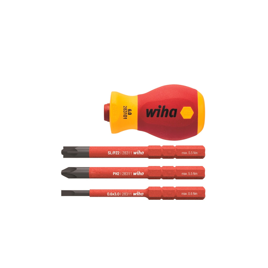 Wiha VDE Stubby Screwdriver Set with 3 Insulated Bits 1000V 50mm Shaft