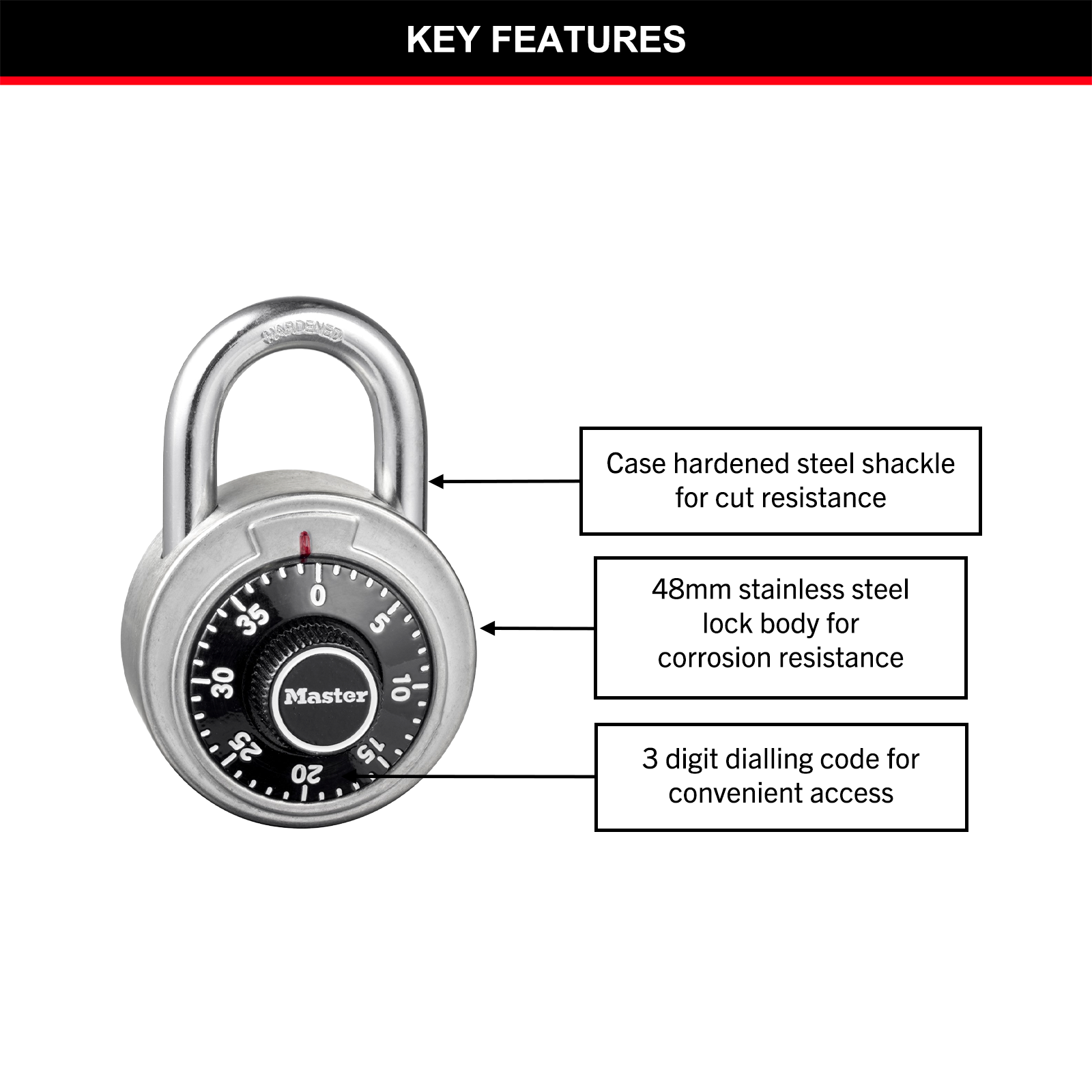 Master Lock 48mm Combination Padlock, Stainless Steel Body, Hardened Steel Shackle