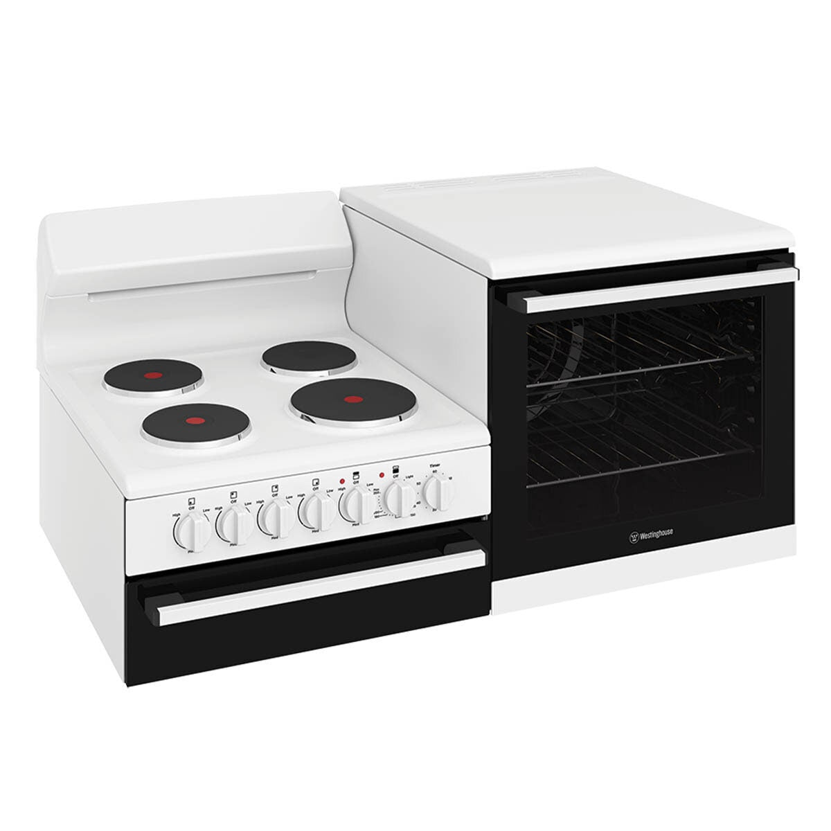Westinghouse 80L elevated electric oven and 4-zone hob - White, separate grill, easy-clean - WDE132WC-R
