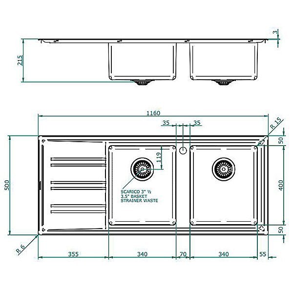 Barazza Easy double bowl sink with left hand drainer - Stainless steel, topmount - EASY200R