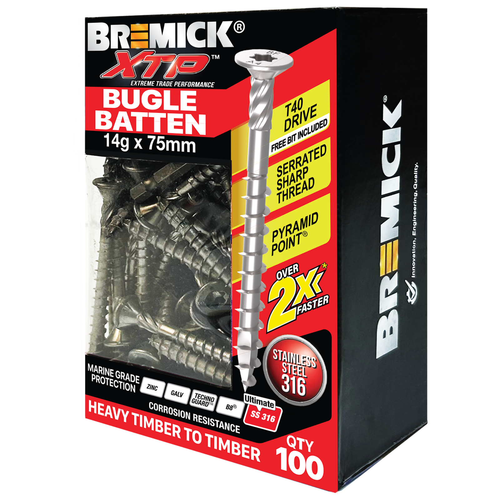 Bremick XTP 14g x 75mm Stainless Steel 316 T40 Bugle Batten Screws 100 Pack