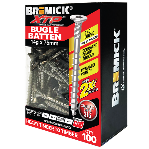 Bremick XTP 14g x 75mm Stainless Steel 316 T40 Bugle Batten Screws 100 Pack