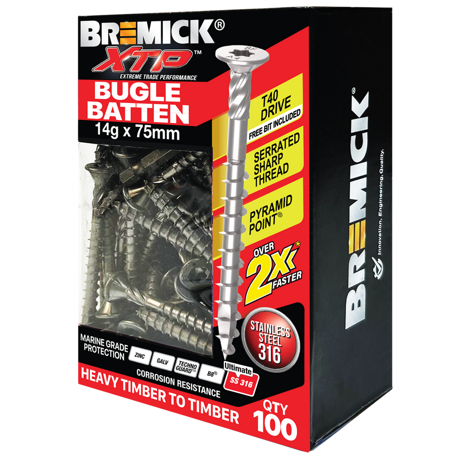 Bremick XTP 14g x 75mm Stainless Steel 316 T40 Bugle Batten Screws 100 Pack