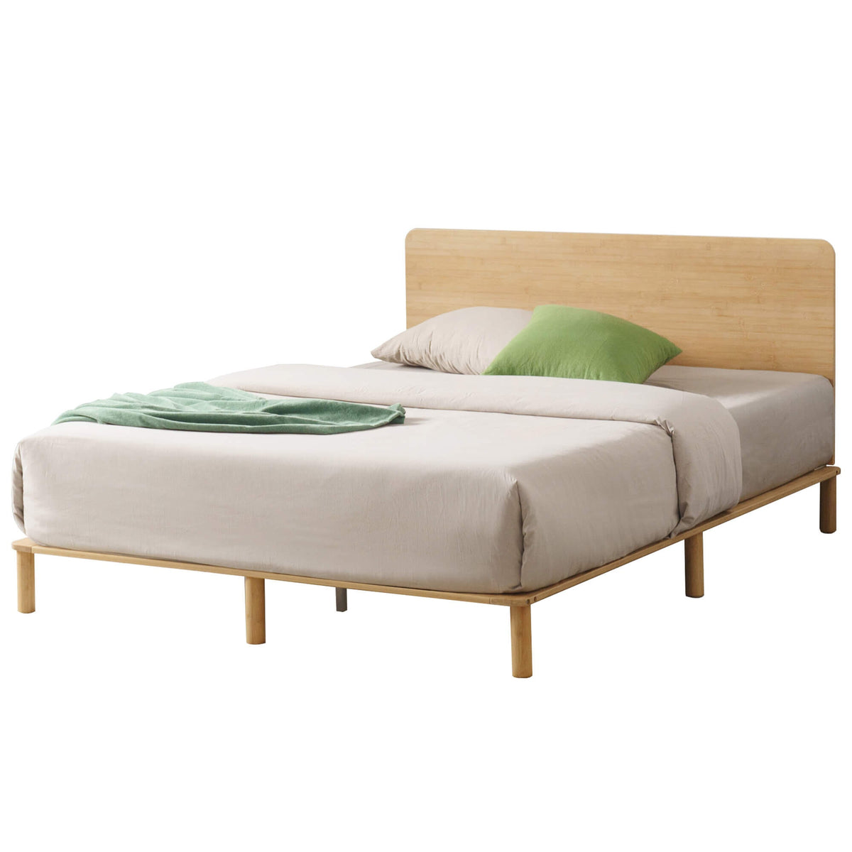 Zinus Arden King Bamboo Wood Bed Frame - Natural Finish, Built-In Headboard, Slatted Base - AU-FPWNH2ZC-08K