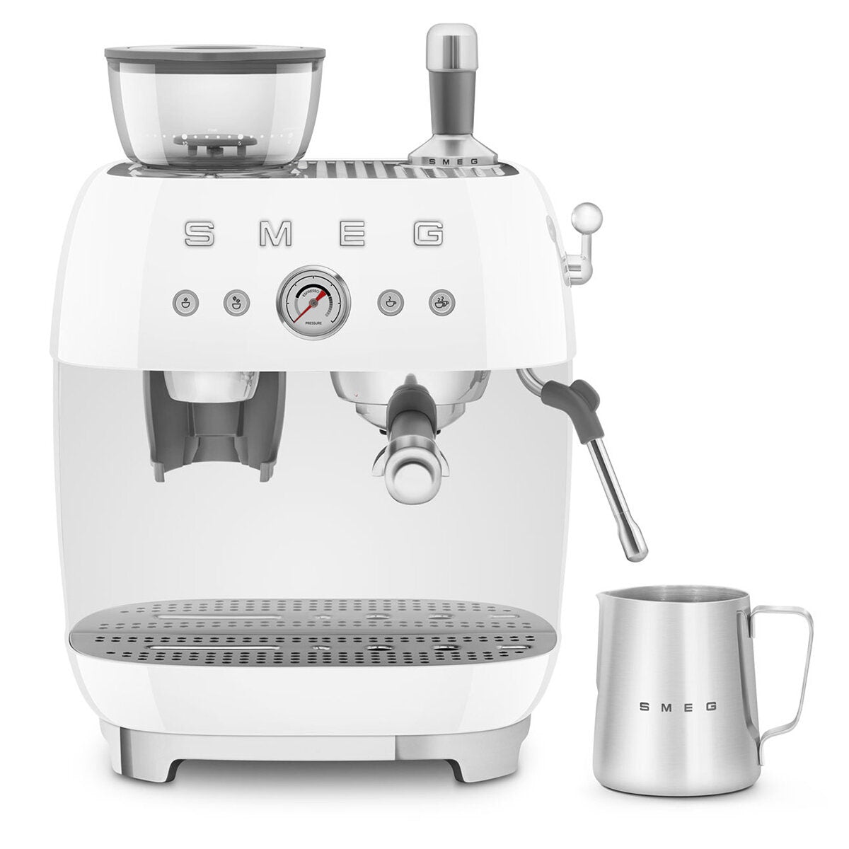 Smeg 50s Style Espresso Machine with Built-in Grinder - 20 Bar, Dual Thermoblock, White - EGF03WHAU