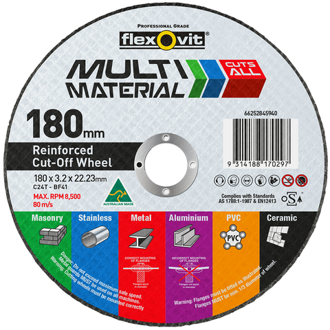 Flexovit Cut Off Wheel - 180mm x 3.2mm - Silicone Carbide - Multi Material - SuperSaverAU - view 1