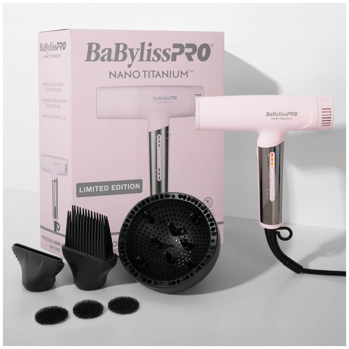 BaBylissPRO Nano Titanium Light ionic high-speed hair dryer - 1400W digital motor, pink blush - 900215