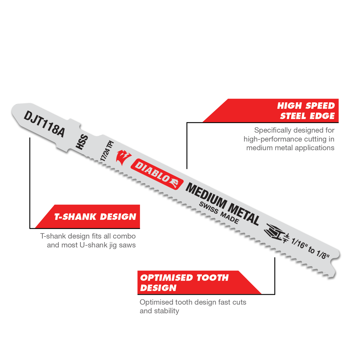 Diablo 92mm High Speed Steel Jig Saw Blade for Medium Metal 1.5mm-3mm, 24 TPI, 5 Pack