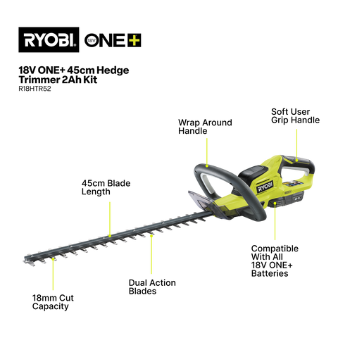 Ryobi 18V ONE+ 45cm Hedge Trimmer Kit R18HTR52 with 2.0Ah Battery & Charger