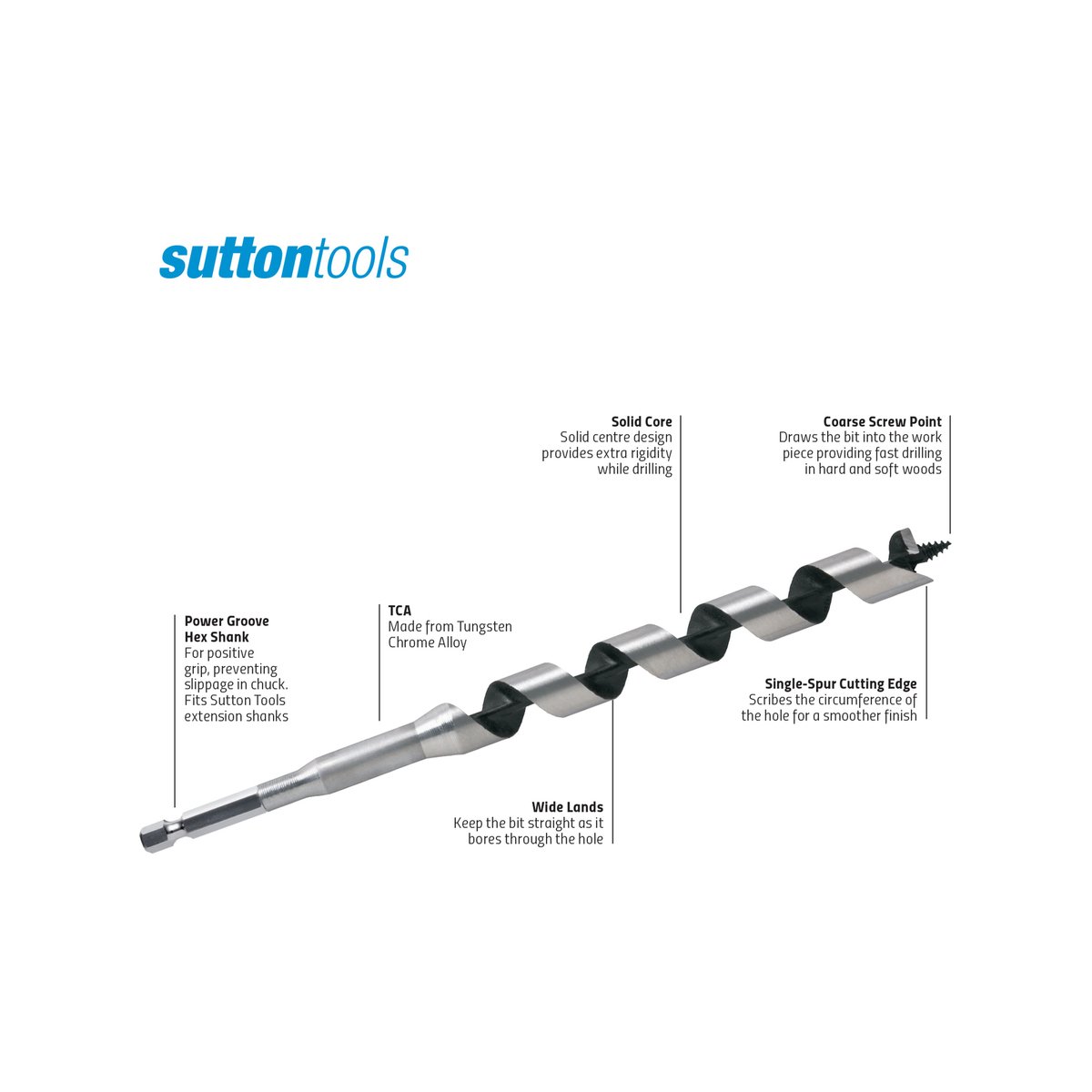 Sutton Tools Medium Auger Bit - 290 x 16mm - Steel - Fast Drilling