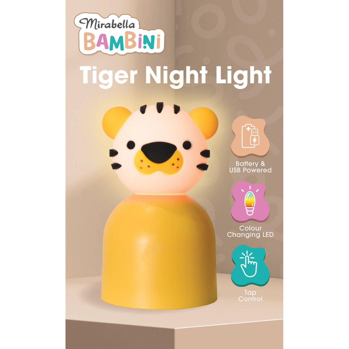 Mirabella Tiger Night Light - LED Colour Changing - 90mm x 150mm - Dual Powered