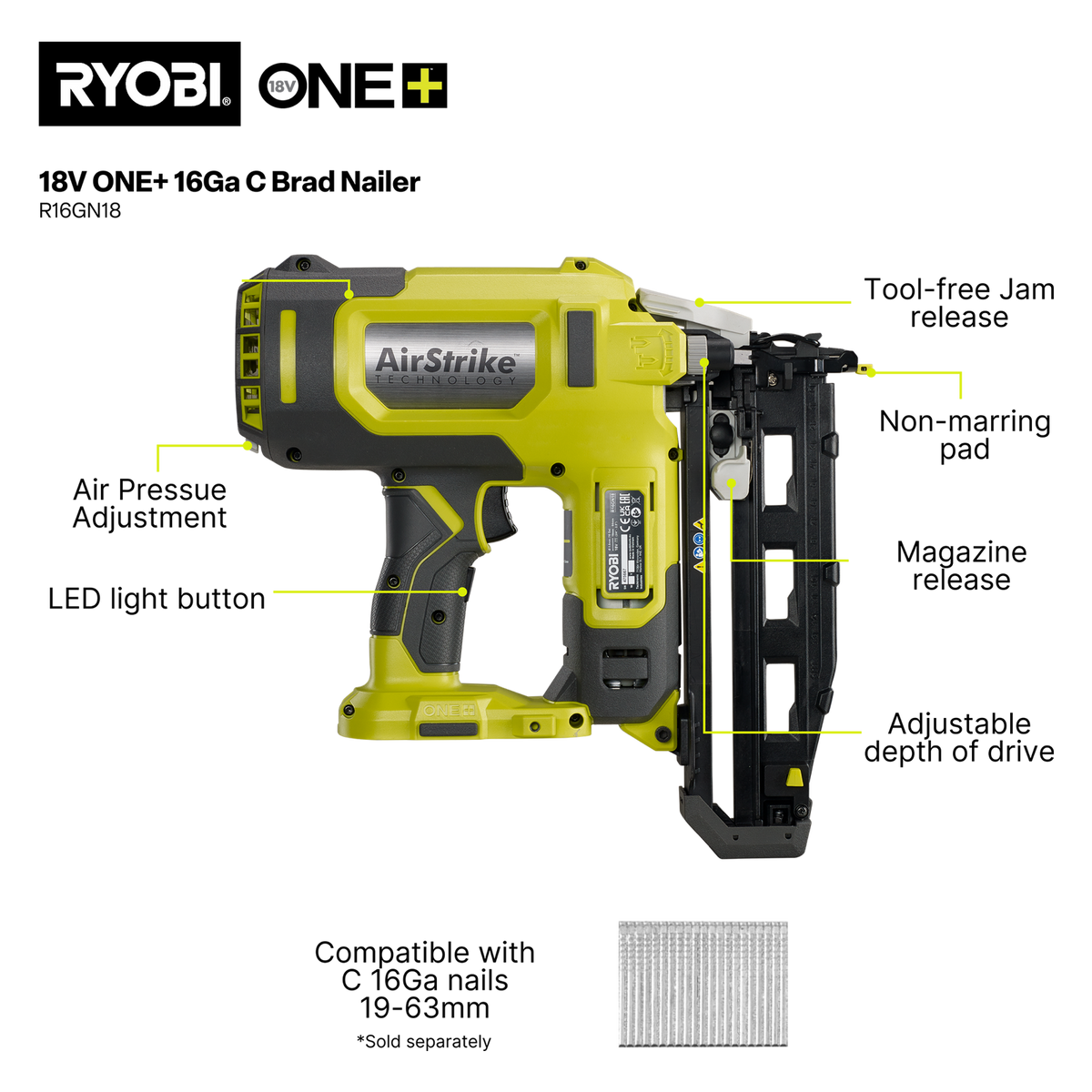 Ryobi 18V ONE+ 16GA Brad Nailer Tool Only R16GN18