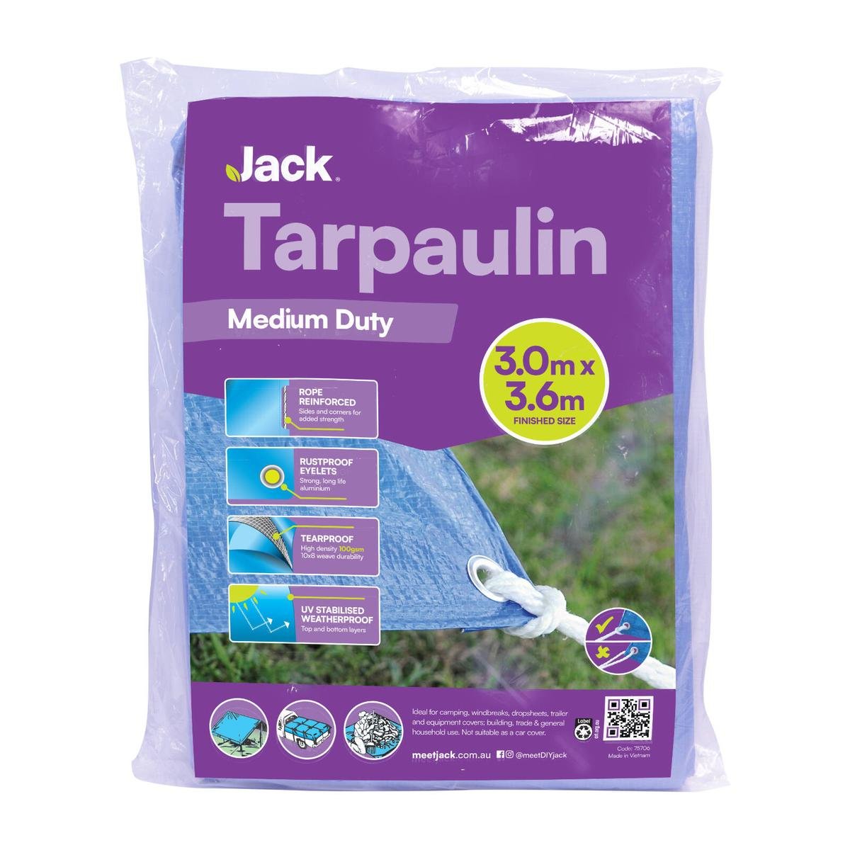 Jack Medium Duty Tarpaulin - 3.0 x 3.6m - UV Resistant, Water-Resistant - SuperSaverAU - view 1