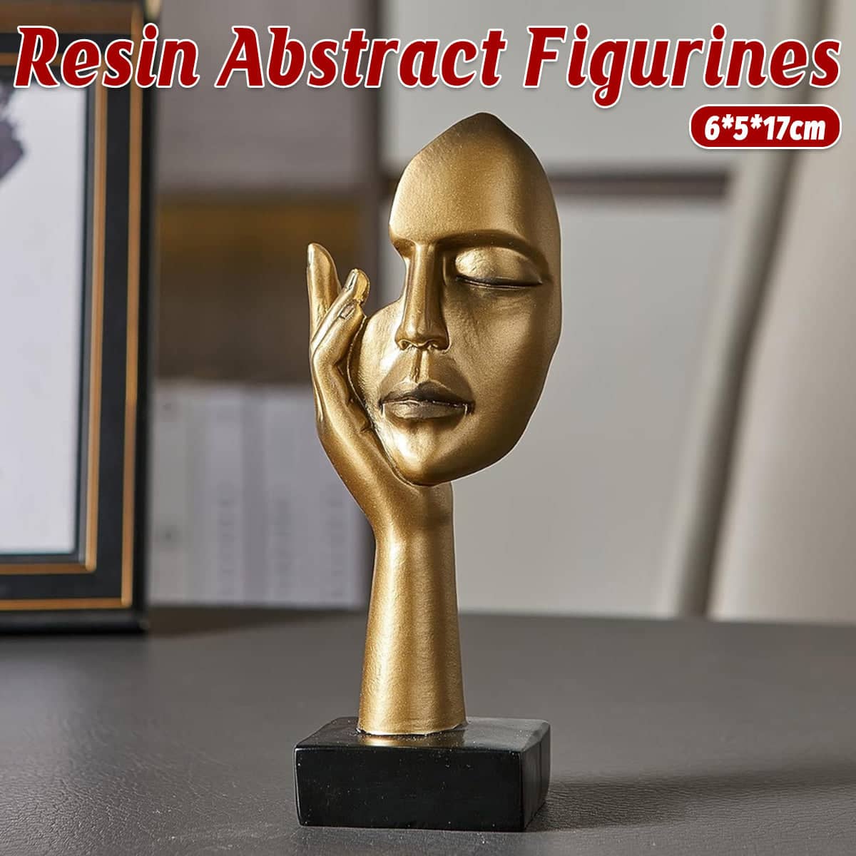 Abstract Face Resin Sculpture in Gold with Black Base for Living Room