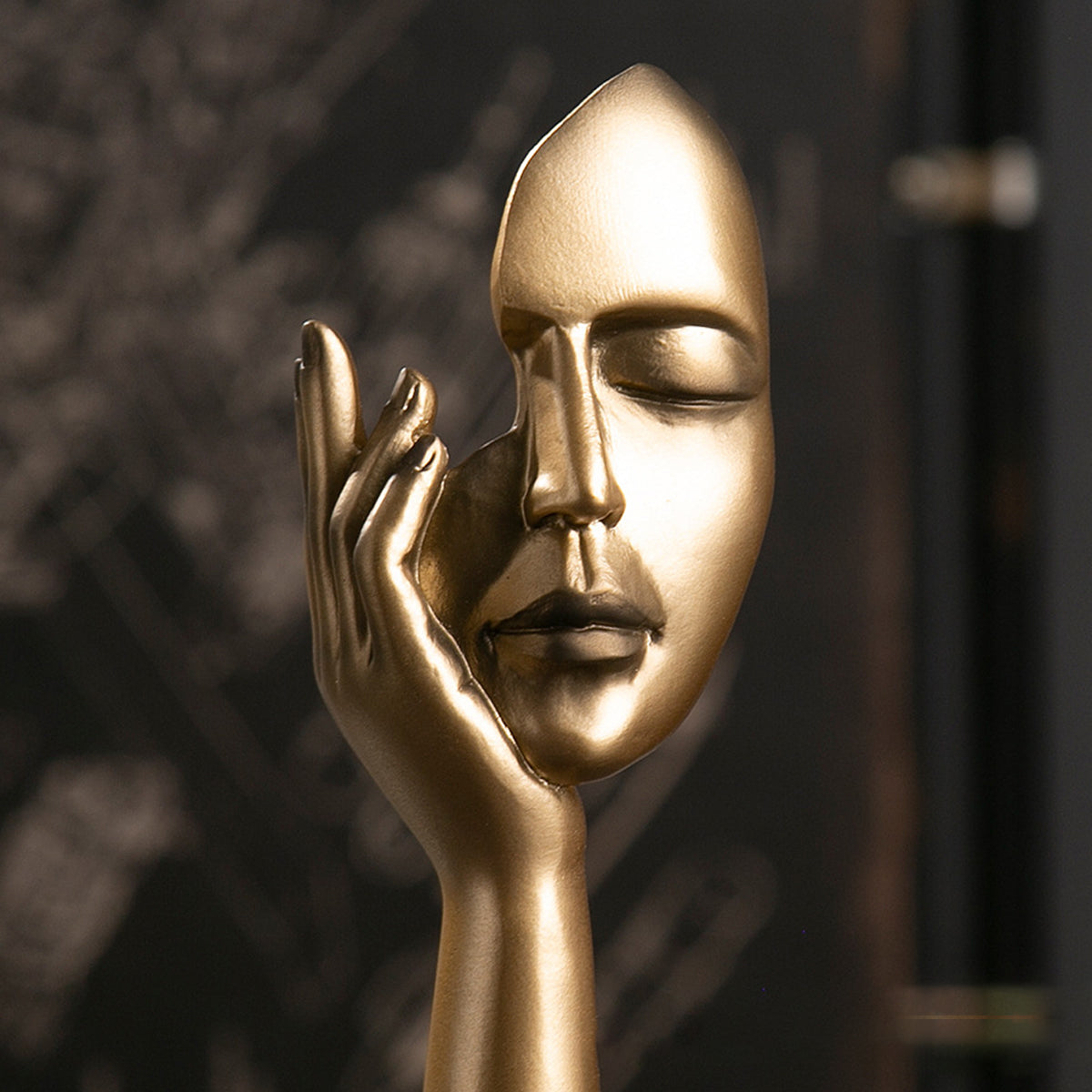 Abstract Face Resin Sculpture in Gold with Black Base for Living Room - view 5