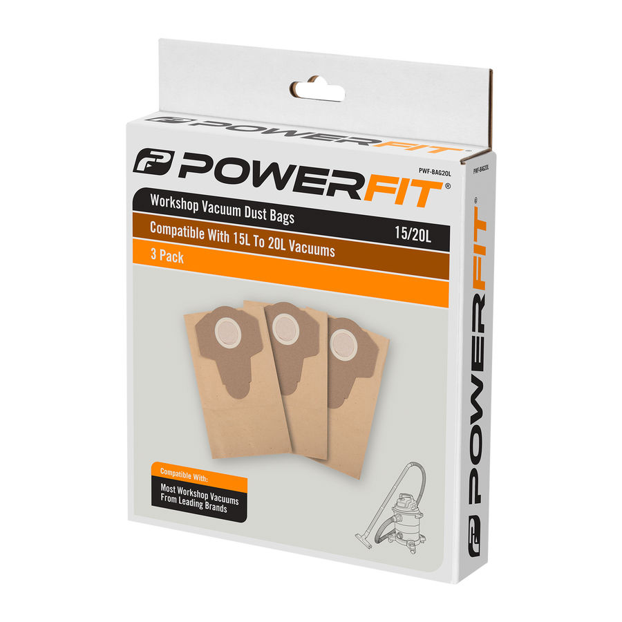 PowerFit 20L Paper Dust Bag, 3 Pack, Brown