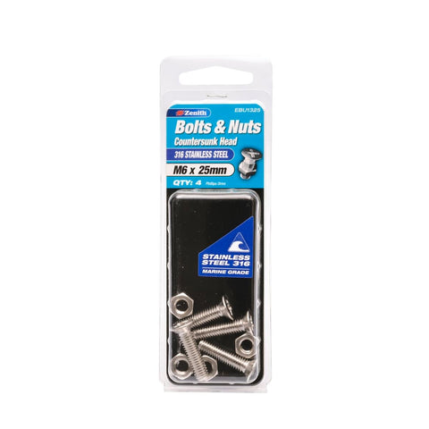 Zenith Countersunk Head Bolt - M6 x 25mm - Stainless Steel - Marine Grade - 4 Pack - SuperSaverAU - view 1