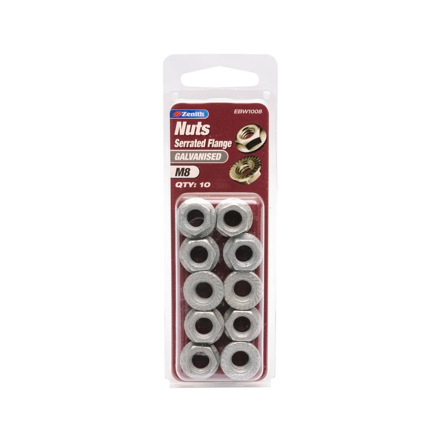 Zenith M8 Galvanised Serrated Flange Nut 10 Pack - 6.5mm - Steel - Durable - SuperSaverAU - view 1