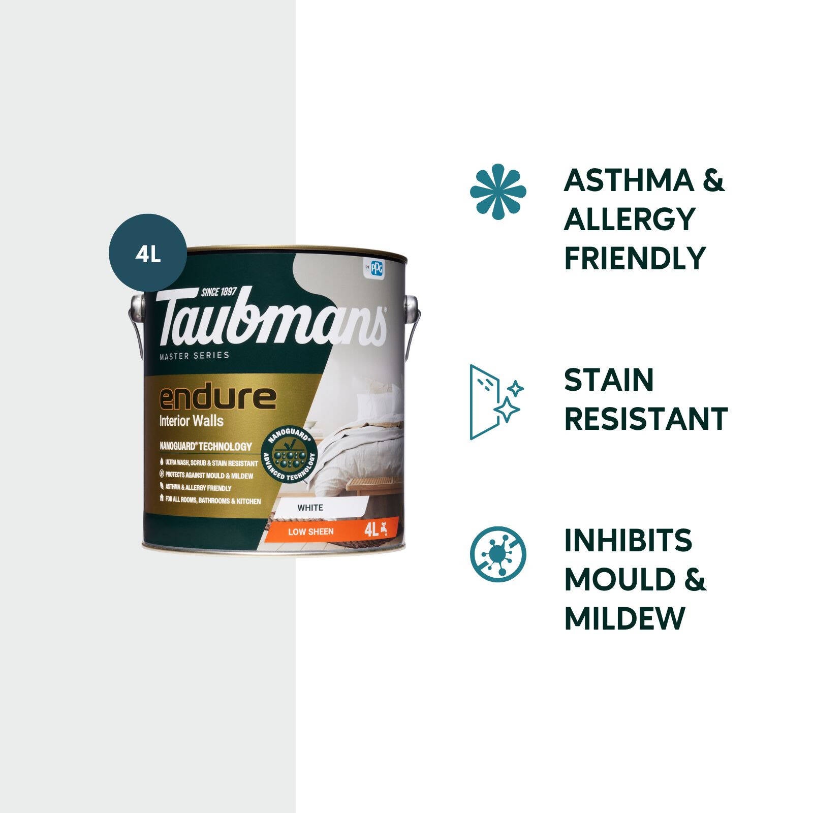TAUBMANS Endure 4L White Low Sheen Interior Walls Paint Water Based UV Resistant