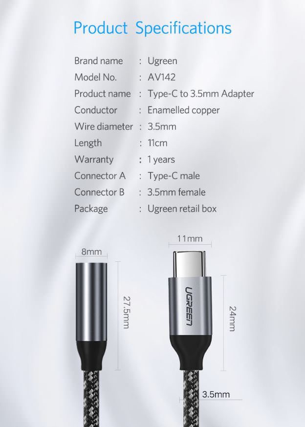 UGREEN 30632 USB-C to 3.5mm Female Audio Cable 10CM