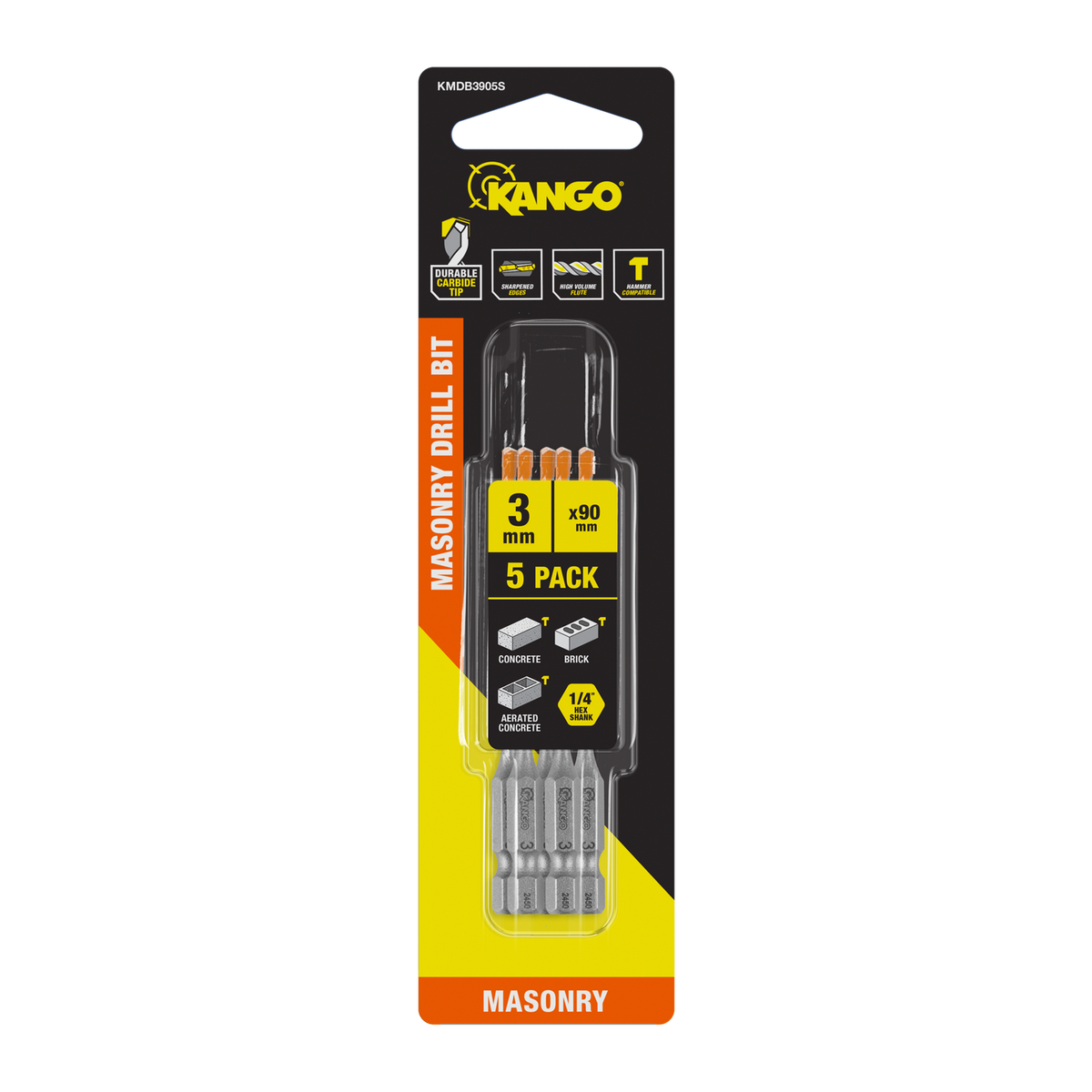 Kango Masonry Drill Bit 5 Pack - 3mm x 90mm - Durable Carbide Tips - SuperSaverAU - view 1