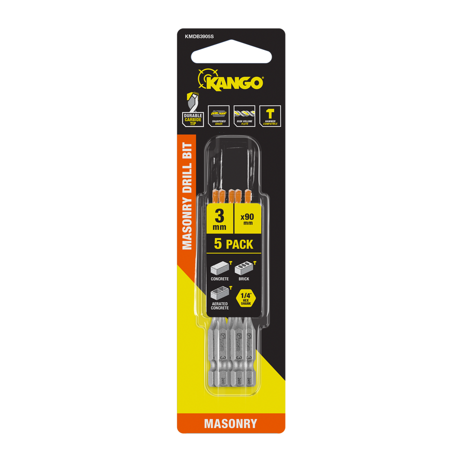 Kango 3 x 90mm Masonry Drill Bit 5 Pack - Carbide Tip for Concrete & Brick