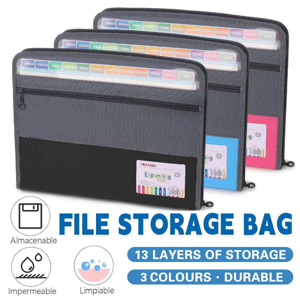 Accordion File Folder 13 Pocket Double Zipper Waterproof Document Organiser - Pink - view 2