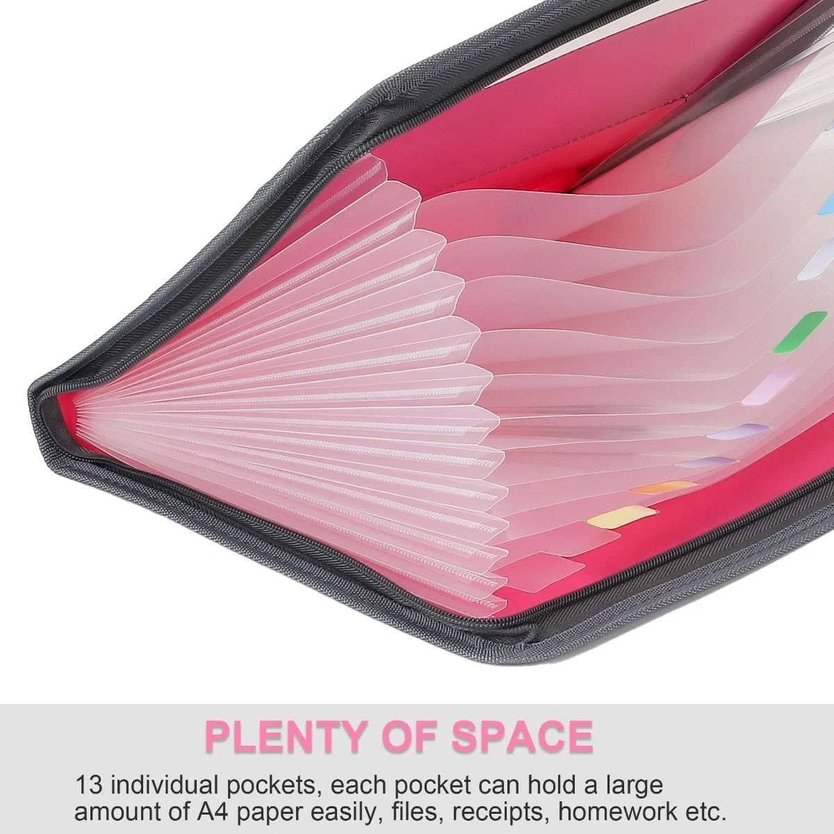 Accordion File Folder 13 Pocket Double Zipper Waterproof Document Organiser - Pink - view 5