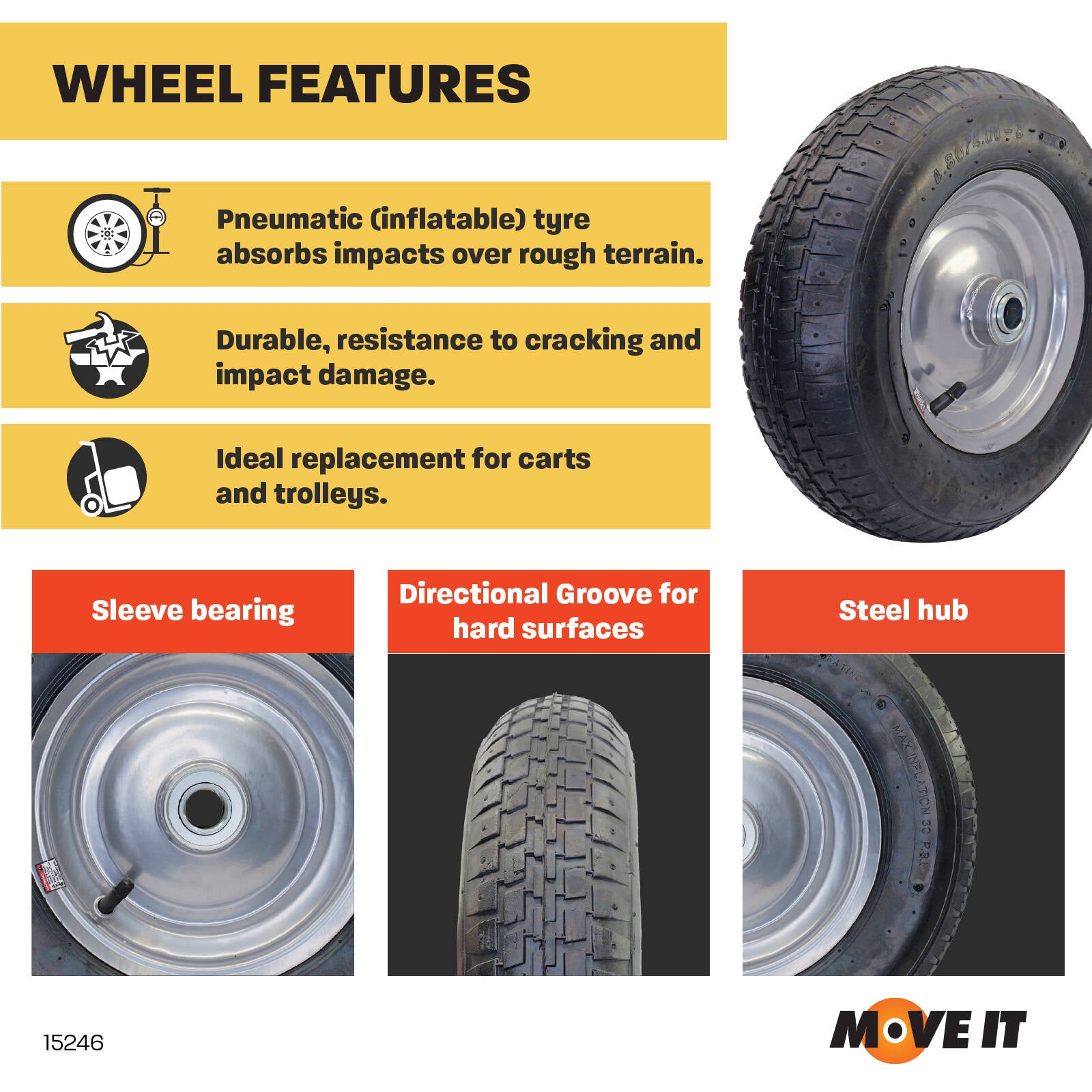 Move It 4.0 x 8" Steel Centre Pneumatic Wheel, 1" Axle, 100kg
