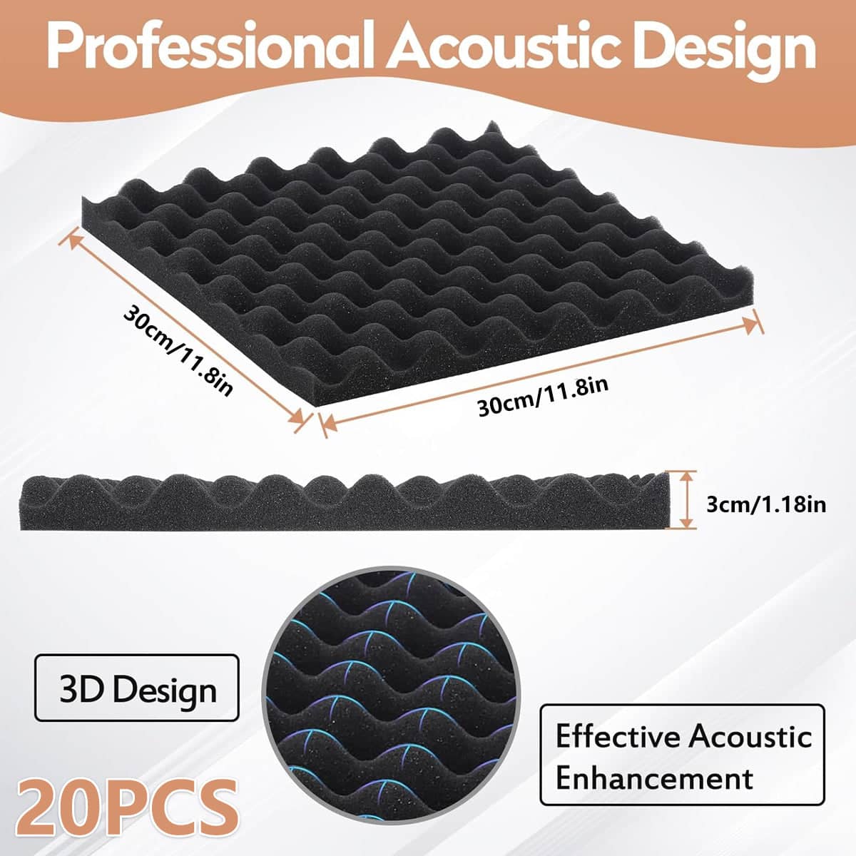 Acoustic Foam Wall Panels 30 x 30 cm, Pack of 20 - view 3