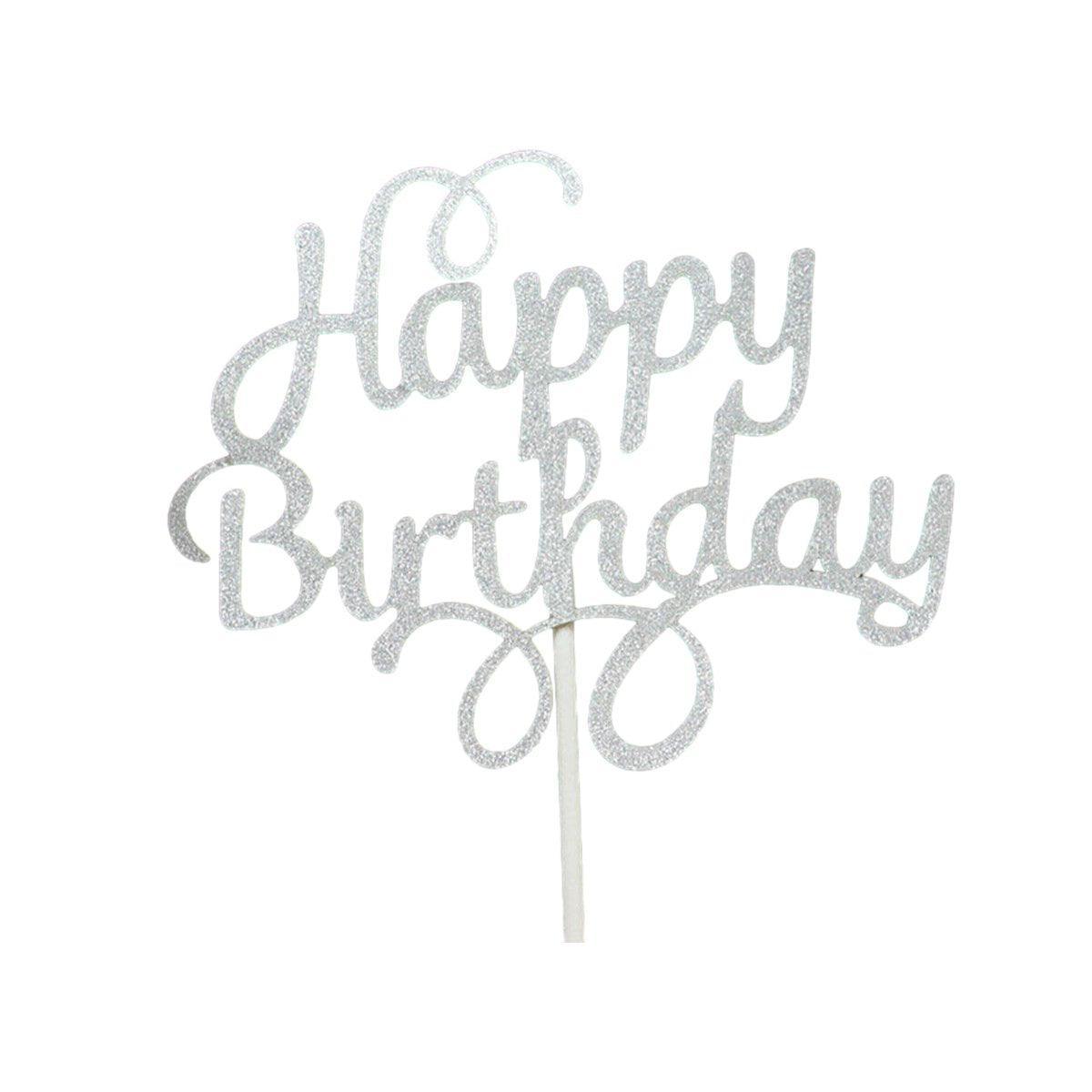 Acrylic Cake Topper, 11cm Wide - Silver Happy Birthday