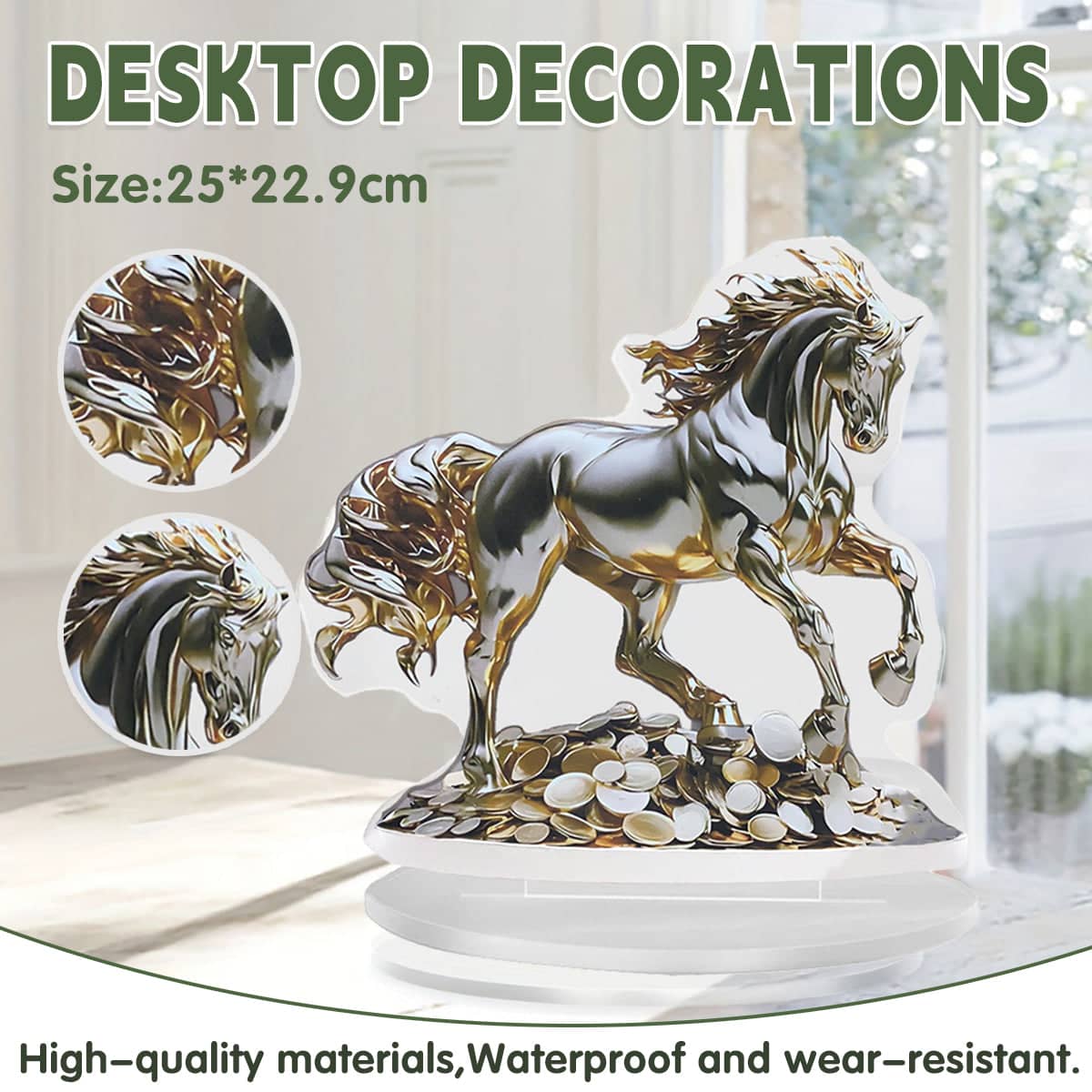 Acrylic Desktop Ornament Golden Horse on Coins Waterproof Wear Resistant Decor