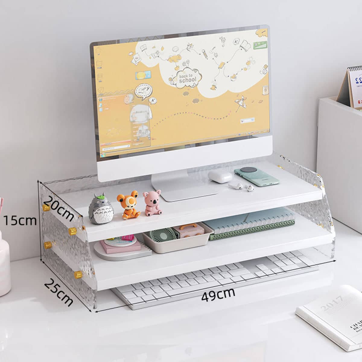 Acrylic Double Layer Desktop Monitor Riser Organiser - Khaki - view 4