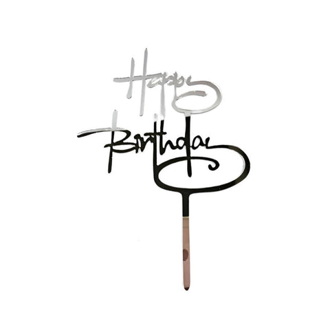 Acrylic Happy Birthday Cake Topper Card for Party Decor - Silver S224