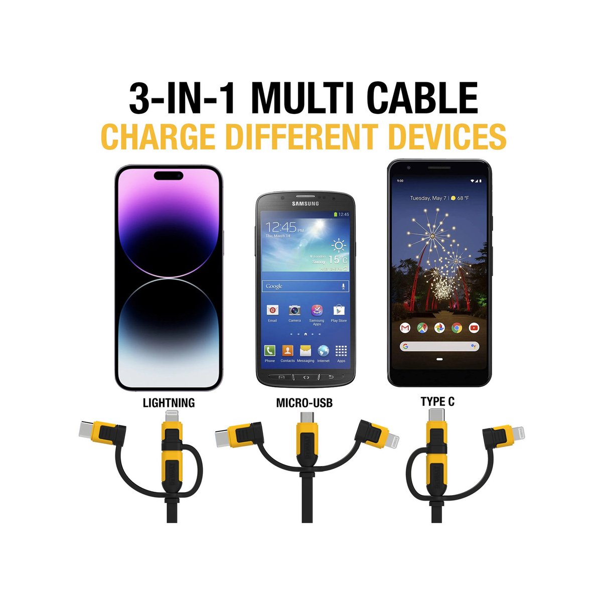 Dewalt 1m Retractable Charging Cable - 3 in 1 Type C, Micro USB, Lightning - Kevlar Reinforced