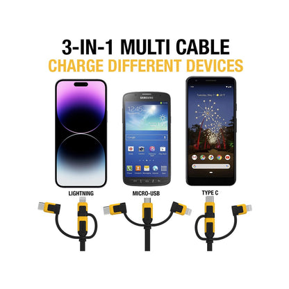 Dewalt 1m Retractable Charging Cable - 3 in 1 Type C, Micro USB, Lightning - Kevlar Reinforced
