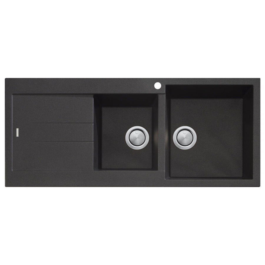 Oliveri Santorini 1 and 3/4 bowl sink with drainer - 1260mm black finish - topmount - ST-BL1510RHB