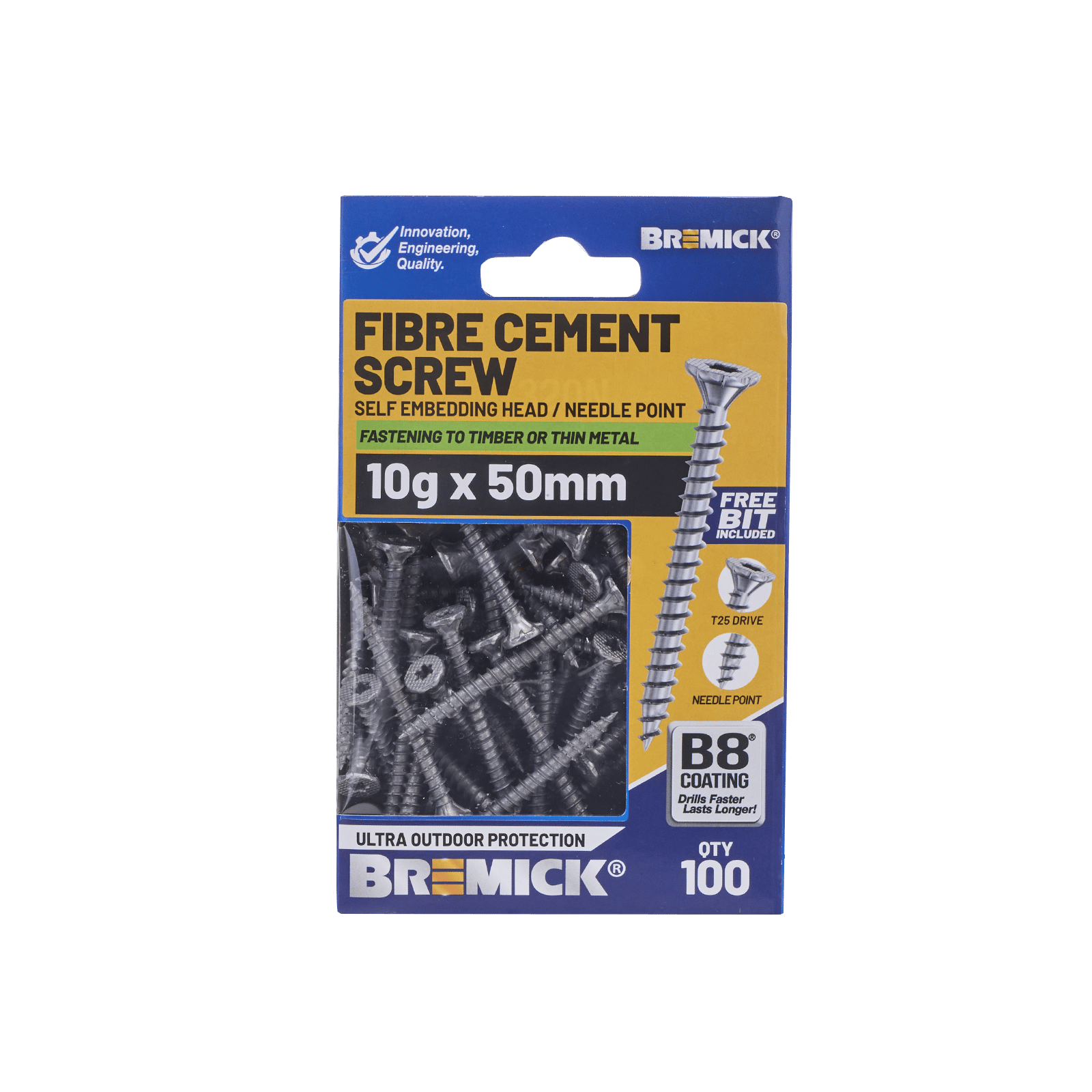 Bremick 10G x 50mm Fibre Cement Screw, T25 Self-Embedding Head Needle Point - 100 Pack