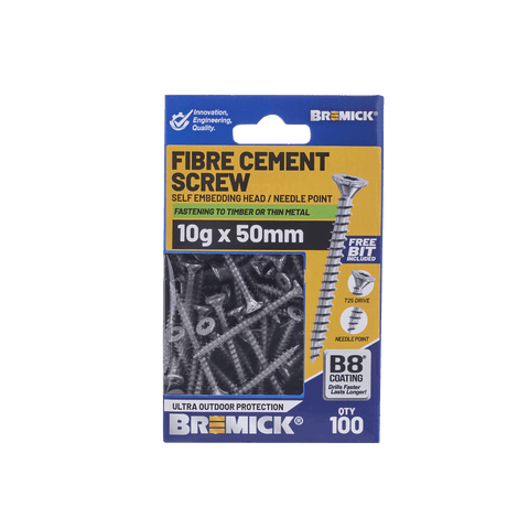 Bremick 10G x 50mm Fibre Cement Screw, T25 Self-Embedding Head Needle Point - 100 Pack